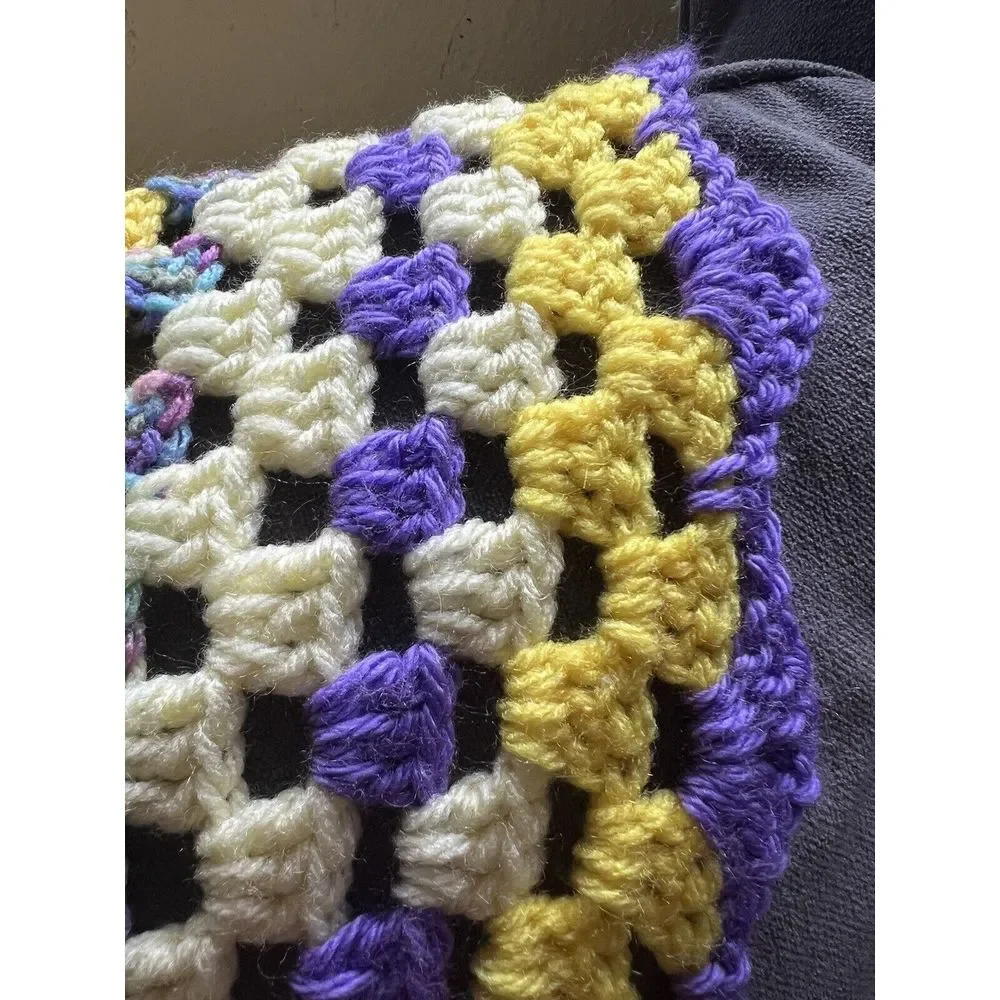 Crochet Afghan Purple Yellow Granny Blanket Cottagecore Lap Throw 48x40 Handmade